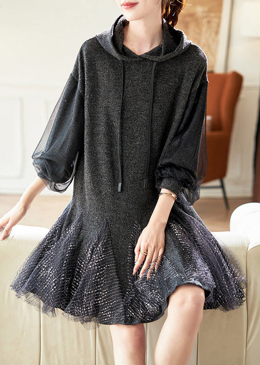 Stylish Dark Grey Hooded Tulle Patchwork Knit Dresses Spring RL023