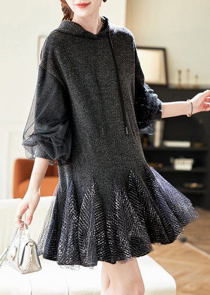 Stylish Dark Grey Hooded Tulle Patchwork Knit Dresses Spring RL023