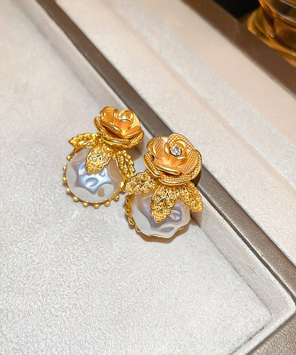 Stylish Gold Alloy Zircon Floral Pearl Stud Earrings WQ001