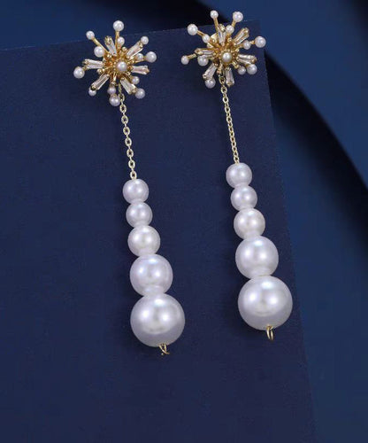 Stylish Gold Alloy Zircon Pearl Fireworks Tassel Drop Earrings RG004