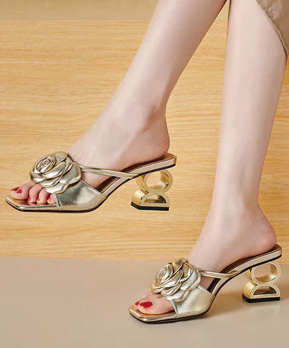 Stylish Gold Chunky Heel Floral Slide Sandals Peep Toe OI082