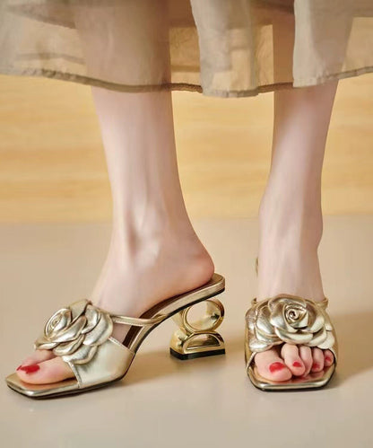 Stylish Gold Chunky Heel Floral Slide Sandals Peep Toe OI082