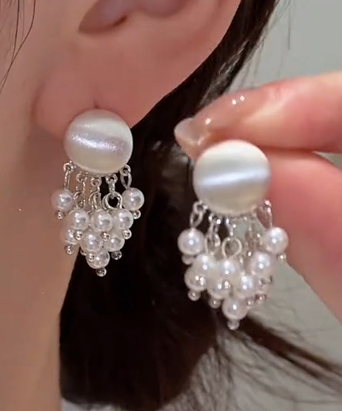 Earrings Drop Overgild Copper Stylish Gold Tassel Pearl