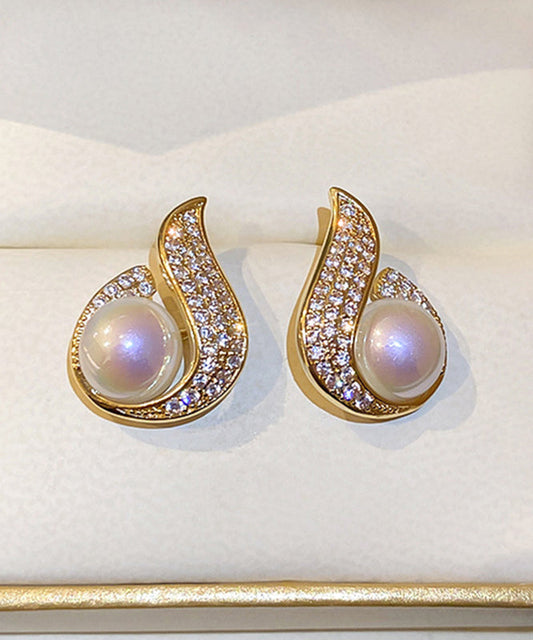 Stylish Gold Copper Overgild Zircon Pearl Fish Tail Water Drop Hoop Earrings WP016