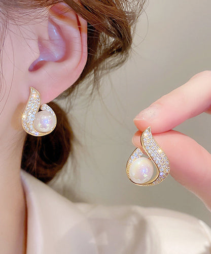 Stylish Gold Copper Overgild Zircon Pearl Fish Tail Water Drop Hoop Earrings WP016