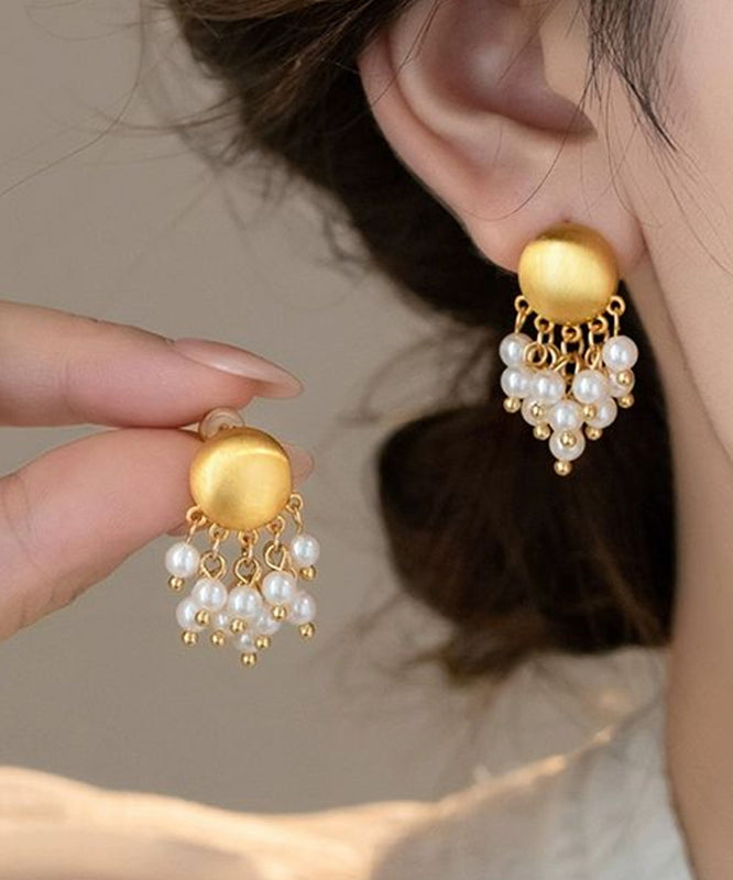 Overgild PearlTassel Metal Earrings Gold Stylish Drop