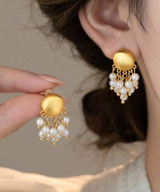 Overgild PearlTassel Metal Earrings Gold Stylish Drop