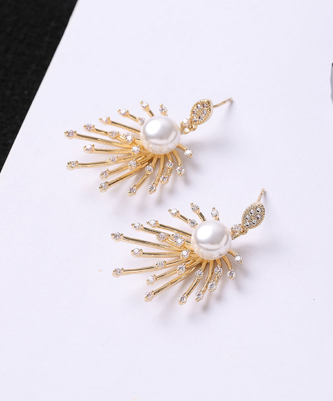 Stylish Gold Sterling Silver Copper Zircon Pearl Drop Earrings KX1018