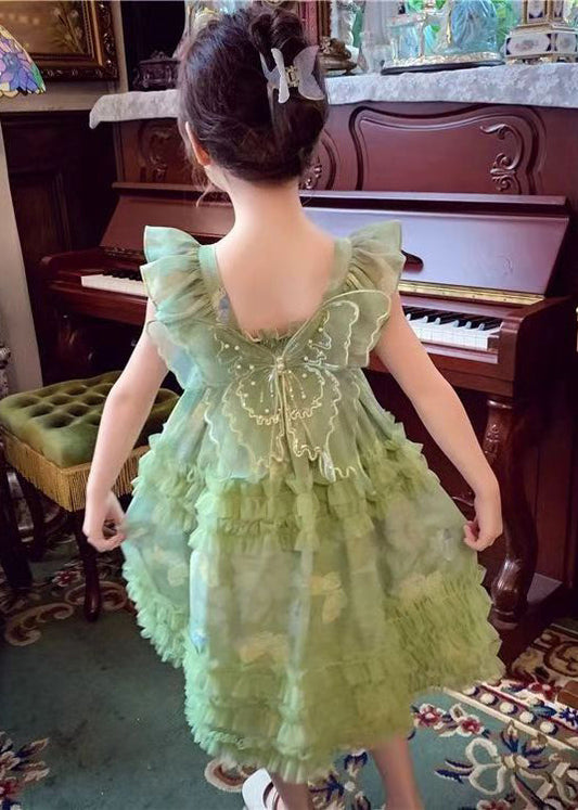 Stylish Green Bow Tulle Patchwork Girls Long Dress Summer TT002