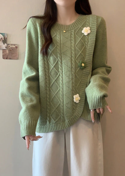 Stylish Green O Neck Asymmetrical Floral Knit Sweaters Winter RG040