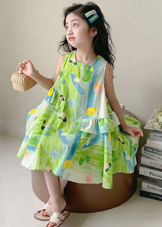 Robe élégante en coton vert à col rond et imprimé sans manches pour filles EW061