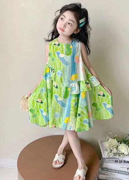 Stylish Green O Neck Print Cotton Girls Dresses Sleeveless EW061