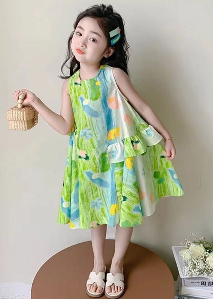 Stylish Green O Neck Print Cotton Girls Dresses Sleeveless EW061