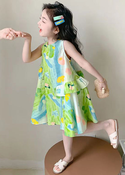 Stylish Green O Neck Print Cotton Girls Dresses Sleeveless EW061