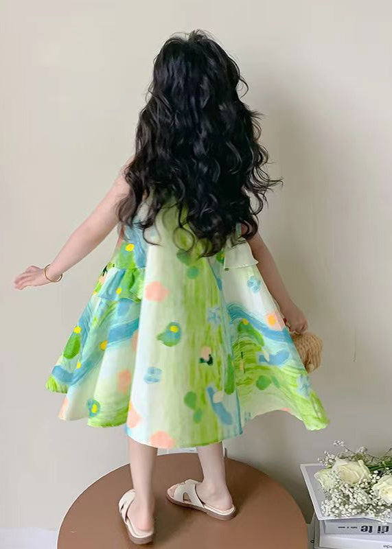 Stylish Green O Neck Print Cotton Girls Dresses Sleeveless EW061