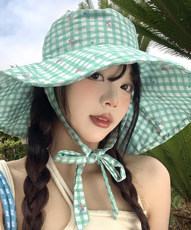 Stylish Green Plaid Lace Up Floppy Sun Hat WB031