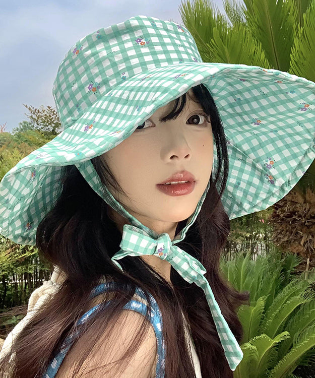 Stylish Green Plaid Lace Up Floppy Sun Hat WB031