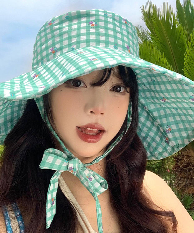 Stylish Green Plaid Lace Up Floppy Sun Hat WB031