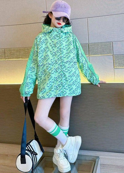 Stylish Green Print Patchwork Girls Hooded Coat Fall QV048