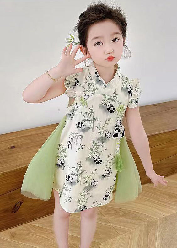 Robe mi-longue élégante en tulle vert imprimé patchwork à boutons pour filles, été MN002