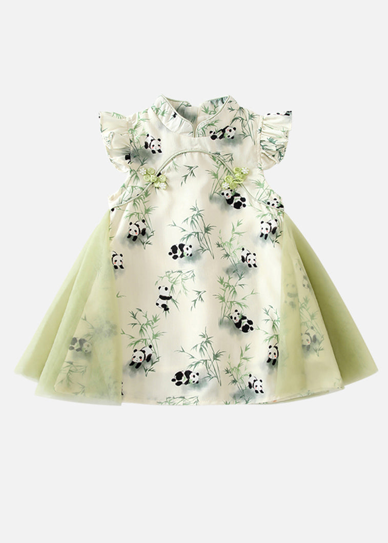 Robe mi-longue élégante en tulle vert imprimé patchwork à boutons pour filles, été MN002