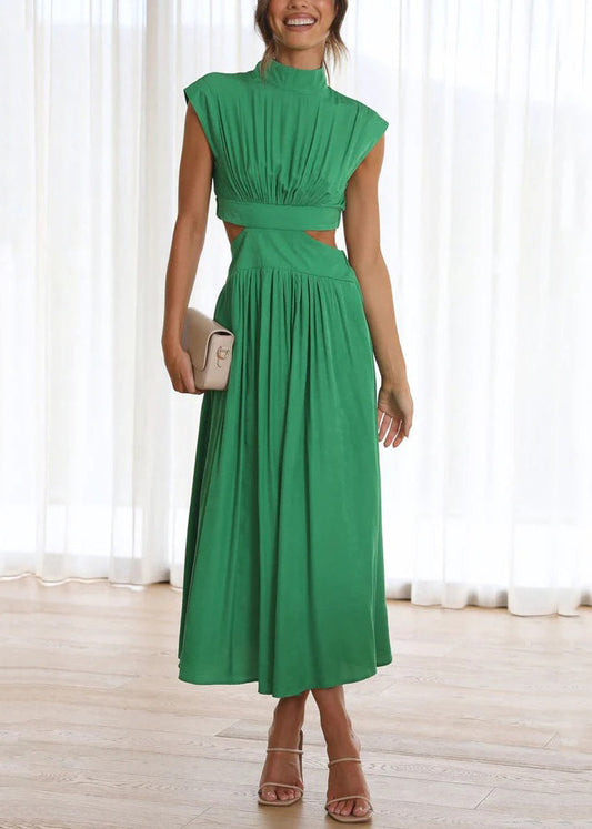 Robe longue élégante en coton vert avec poches froissées pour l'été