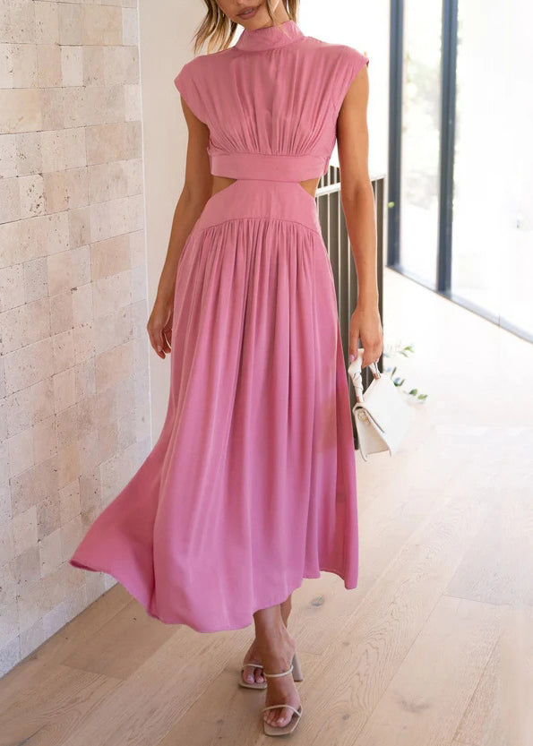 Robe longue élégante en coton vert avec poches froissées pour l'été