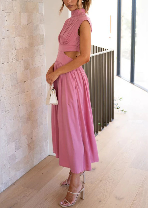 Robe longue élégante en coton vert avec poches froissées pour l'été