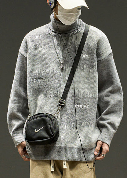 Stylish Grey Embroideried Patchwork Knit Men Sweaters Winter RJ041