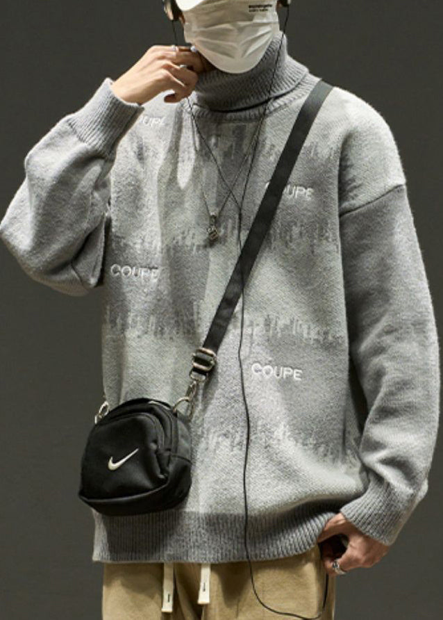 Stylish Grey Embroideried Patchwork Knit Men Sweaters Winter RJ041