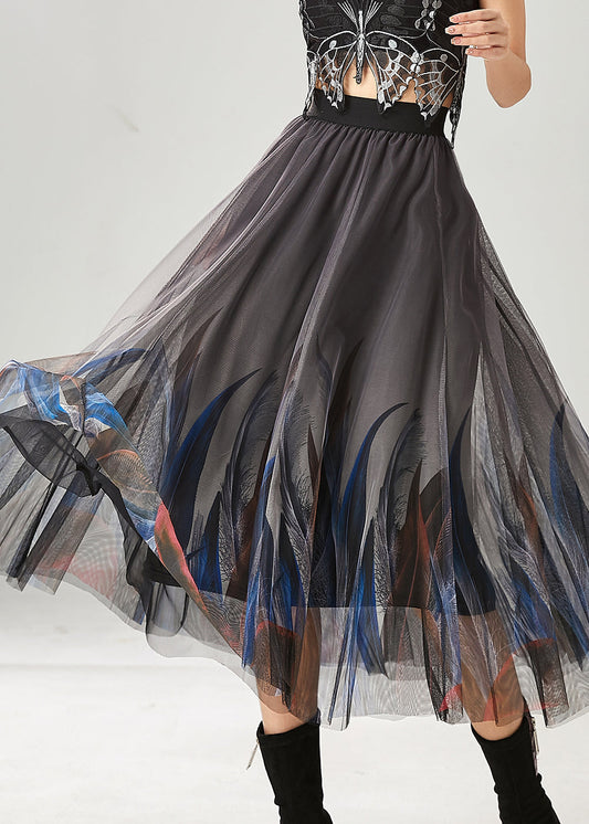 Stylish Grey Feather Print Tulle Skirts Summer YU1017