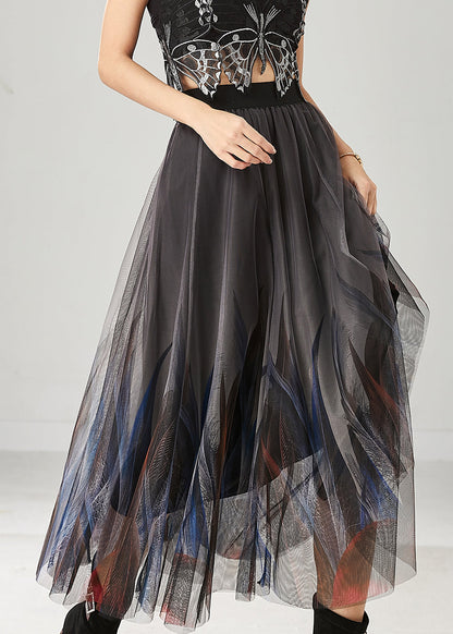 Stylish Grey Feather Print Tulle Skirts Summer YU1017