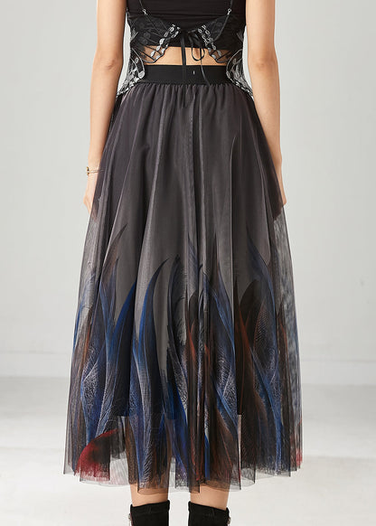 Stylish Grey Feather Print Tulle Skirts Summer YU1017