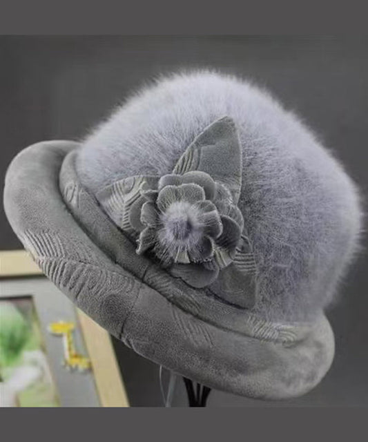 Stylish Grey Floral The Rabbit Woolen Bucket Hat RB051