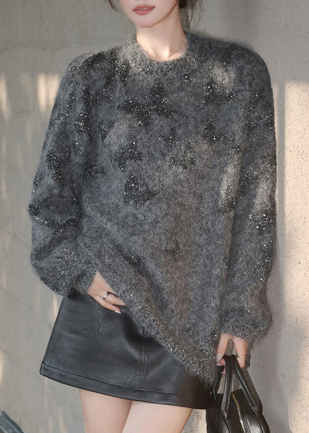 Stilvolle Grau O Neck Pailletten Strick Pullover Frühling YY023