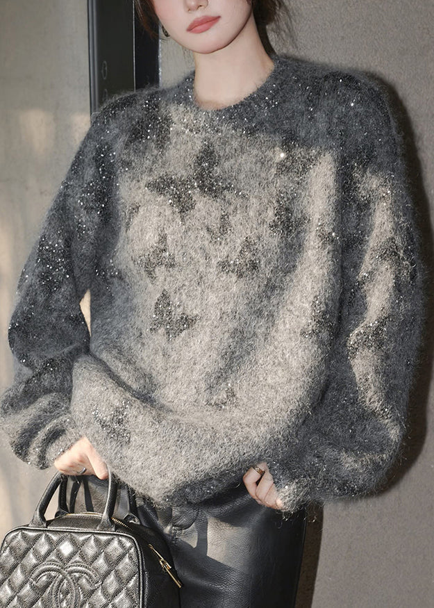 Stilvolle Grau O Neck Pailletten Strick Pullover Frühling YY023