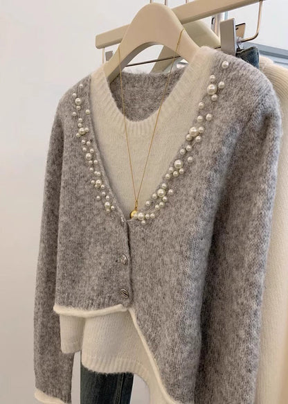 Stylish Grey Pearl False Two Pieces Knit Sweaters Winter WX016