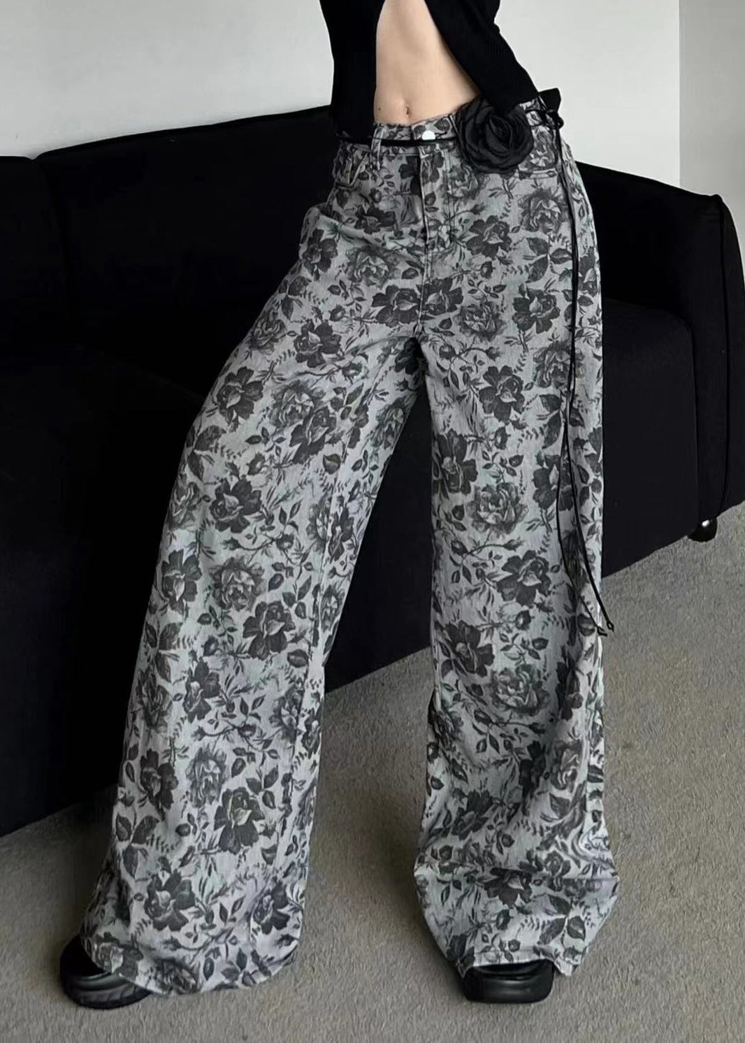 Stylish Grey Print Pockets Denim Wide Leg Pants Fall QK001