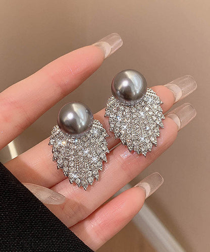 Stylish Grey Sterling Silver Alloy Pearl Zircon Stud Earrings QQ053