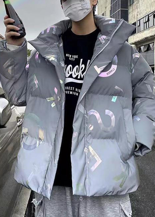 Parka d'hiver grise élégante avec fermeture éclair et poches imprimées pour homme RM005