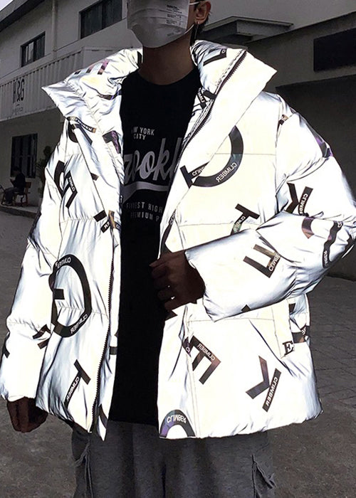 Parka d'hiver grise élégante avec fermeture éclair et poches imprimées pour homme RM005