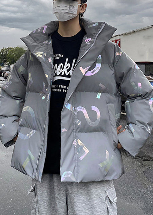 Parka d'hiver grise élégante avec fermeture éclair et poches imprimées pour homme RM005