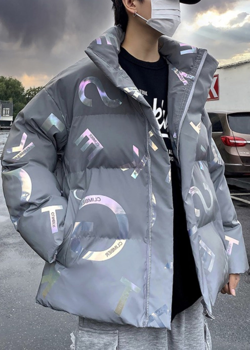 Parka d'hiver grise élégante avec fermeture éclair et poches imprimées pour homme RM005