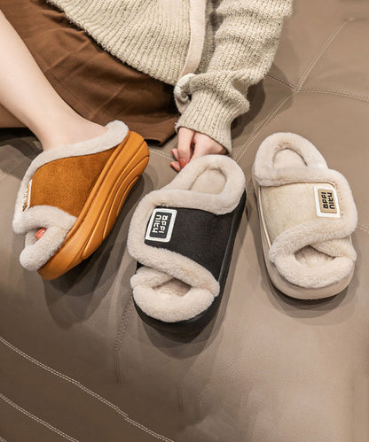 Stylish Khaki Fuzzy Fur Slippers Shoes Platform WT015