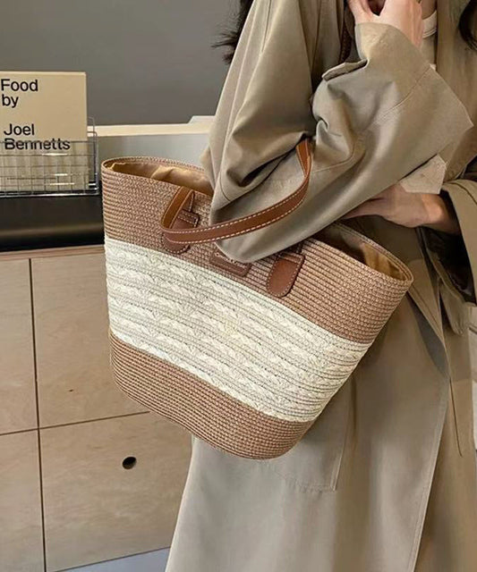 Khaki Woven Straw Shoulder Durable Stylish Capacity Bag Large