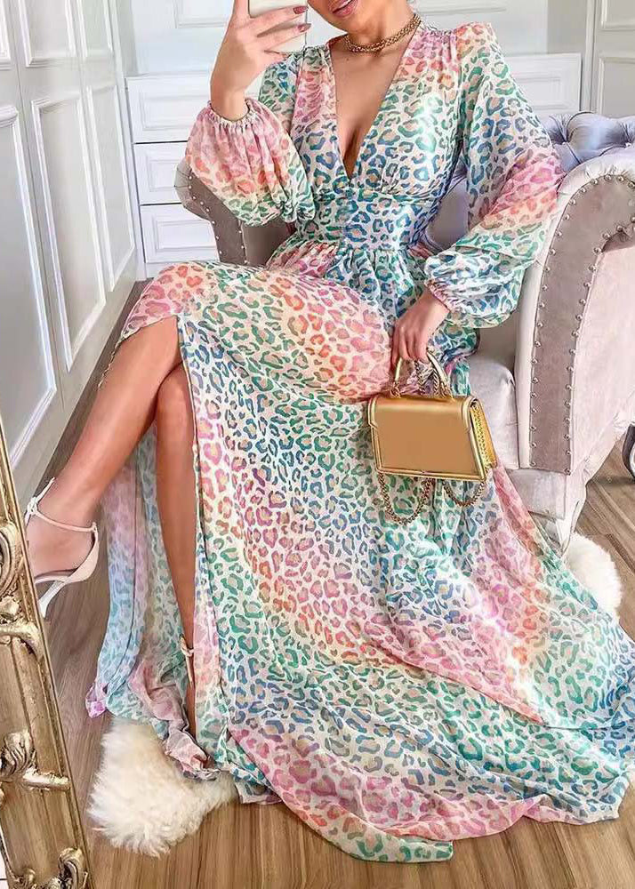 Stylish Leopard V Neck Side Open Cotton Long Dress Lantern Sleeve QR028