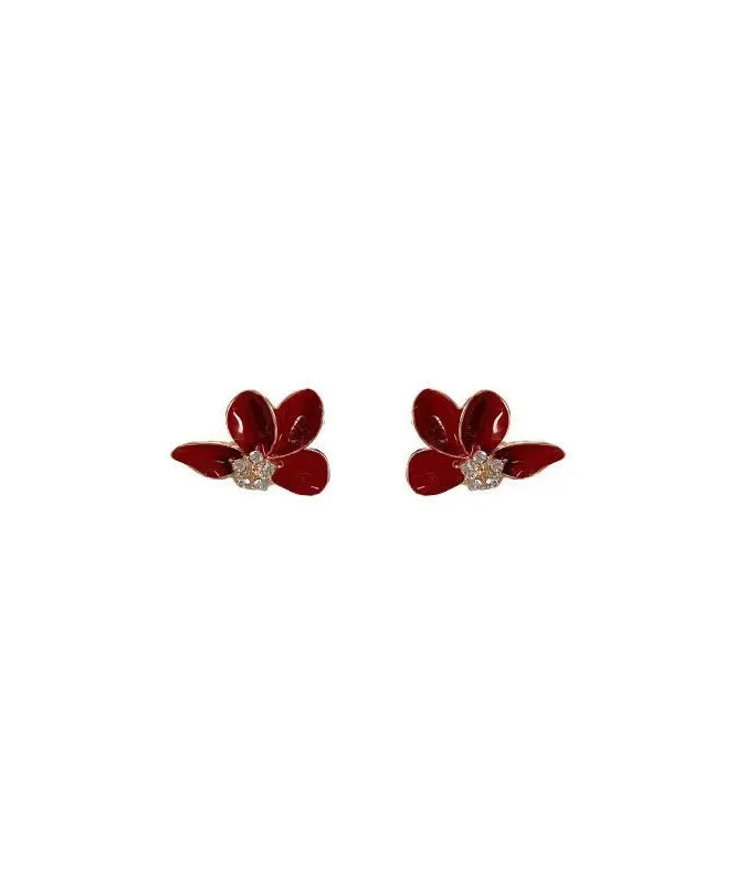 Stylish Mulberry Sterling Silver Overgild Asymmetrical Zircon Floral Stud Earrings ZZ036