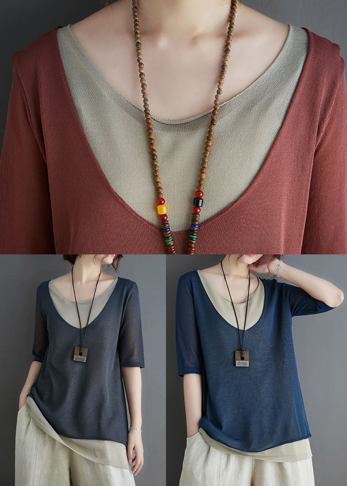 Stylish Summer Piece Two Navy Tops Patchwork Knit Fake