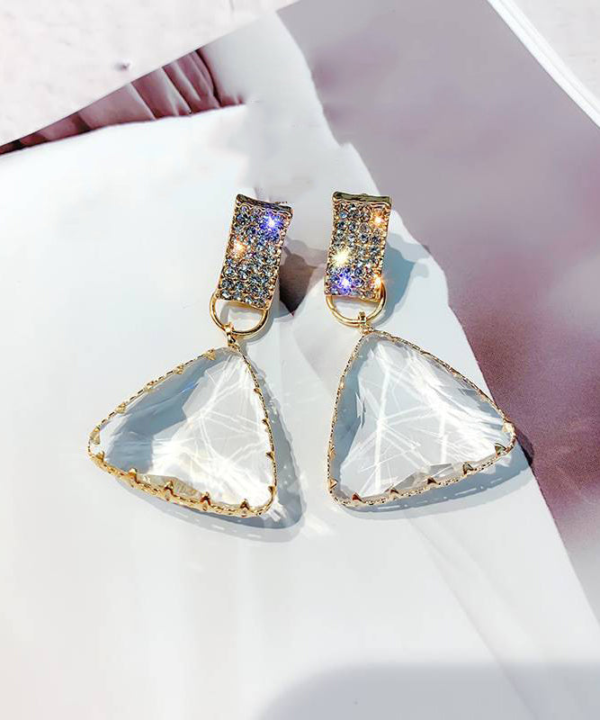 Stylish Nude Sterling Silver Ovetgild Inlaid Zircon Triangle Crystal Drop Earrings GH1081