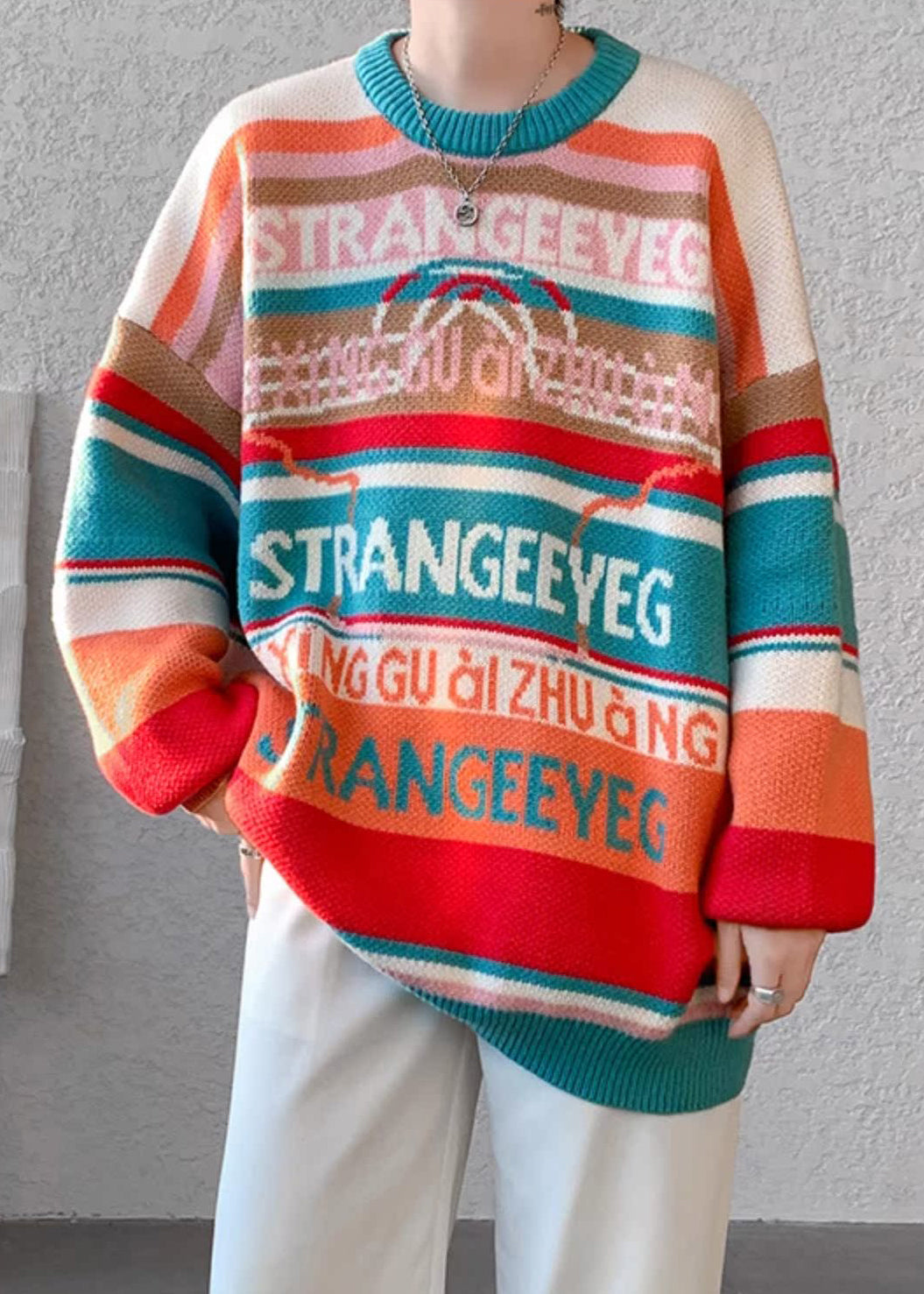 Stylish Orange O Neck Striped Knit Mens Sweaters Winter RC032